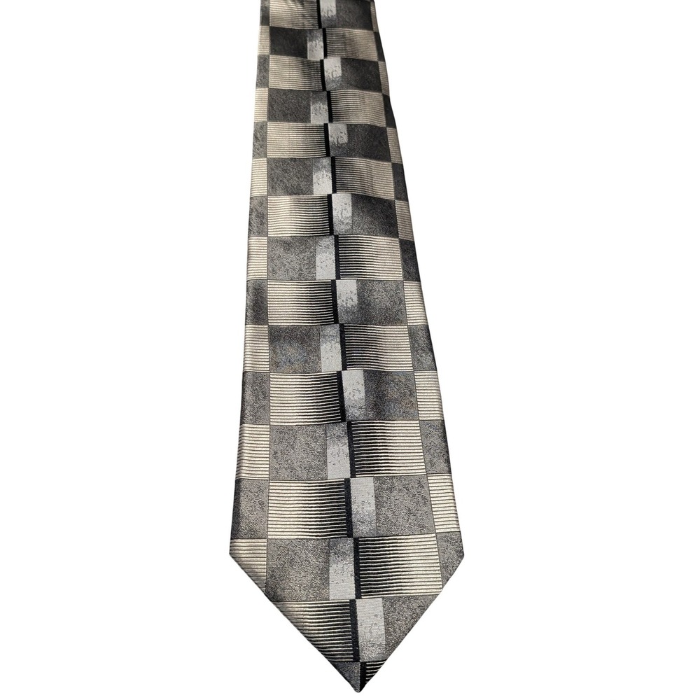 Croft & Barrow Necktie Mens OS Black Silver Silk Geometric Block Pattern Formal